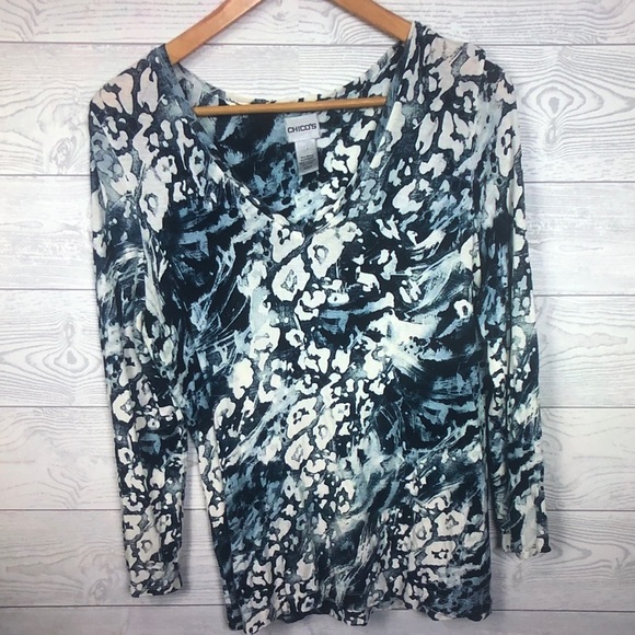 Chico's Tops - Chico's Teal, Black & White Abstract Long Sleeve V-Neck Top